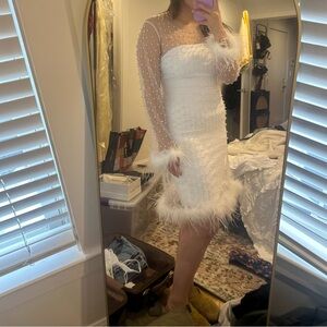 White Long Sleeve Dress with Feather Details for Bridal Shower or Bachlorette